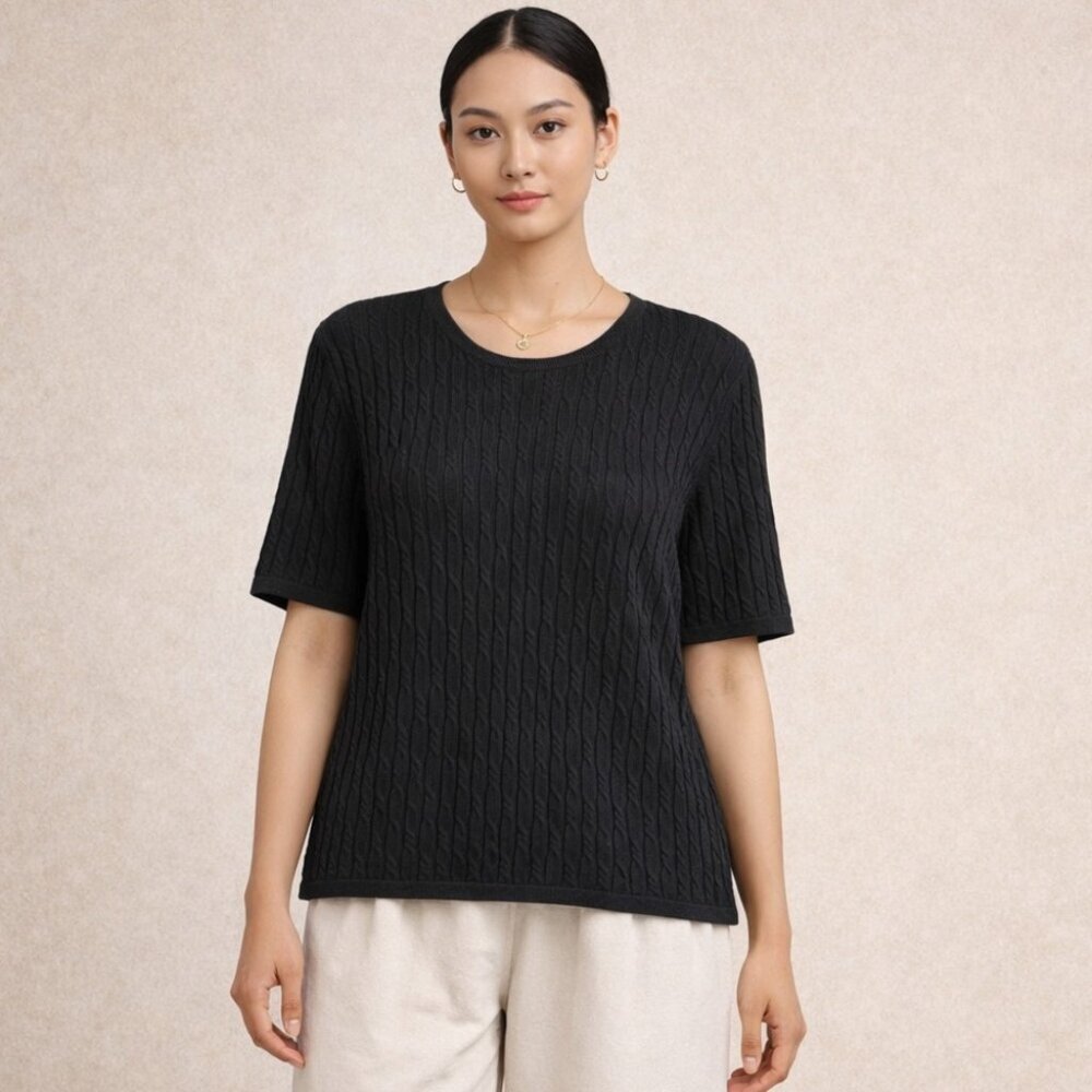 Vintage Talbots Black Silk Cable Knit Top Size L Short Sleeve Classic Minimalist